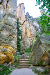 Fototapeta premium Prachovske skaly in sun lights, Cesky raj sandstone cliffs in Bohemian Paradise, Czech Republic