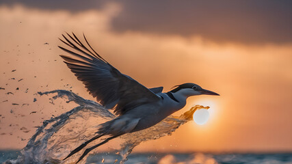 Birds flying in slow motion at sunset over the sea.birds in slow motion, sunset, sea, seagulls, bird flock