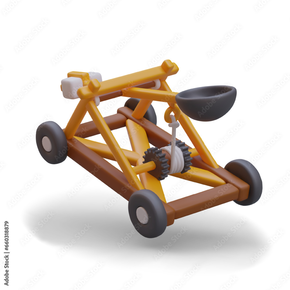 Poster 3d wooden catapult on wheels. mobile mechanical device for throwing projectiles over long distance. 
