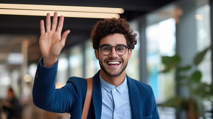 Obraz premium Portrait of young business man smiling in modern office , Happy young man working in coworking space