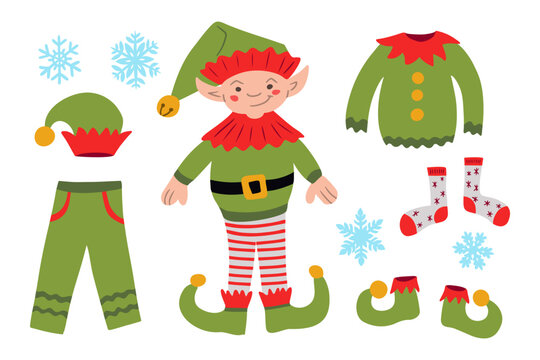 Set of Elf Christmas clothes in flat hand drawn style. Vector isolated funny holiday cartoon character and set of bright colored clothes on white background. Good for Christmas decoration, stickers