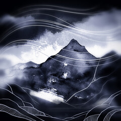 Mystical abstract digital and watercolour oriental landscape: mountains and sky.  Mixed media, modern art-deco. 