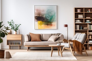 The interior of the Scandinavian-style living room with modern sofas made of wood materials has an inviting atmosphere.