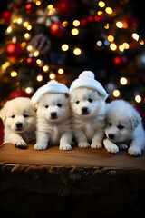 Fototapeta na wymiar Cute fluffy dog puppy against the background of a Christmas fir-tree.