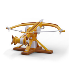 Crossbow with tension blocks. Realistic illustration of vintage portable small arms weapon. Crossbow with stretched bowstring, arrow. Model with ground stand, support