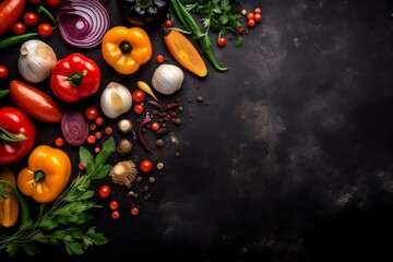 Kitchen Board Vegetables And Spices, copy space, top view, dark background, generative ai