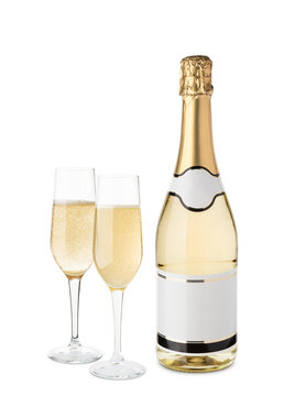 Champagne bottle with blank label and glasses, isolated on white background.