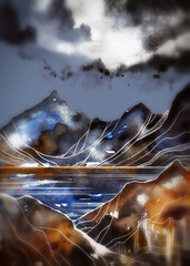 Mystical abstract digital and watercolour oriental landscape: mountains and sky.  Mixed media, modern art-deco.  - 660319626