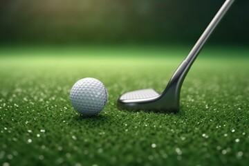 3D rendering of golf ball and club on green fairway. Athletic sports concept. Generative AI