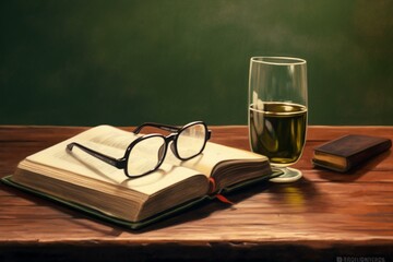 a table with a book and glasses. Generative AI