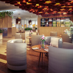 Interior of elegant, modern Restaurant with a Bar Area (Detail) - Depht of Field 3D Visualization