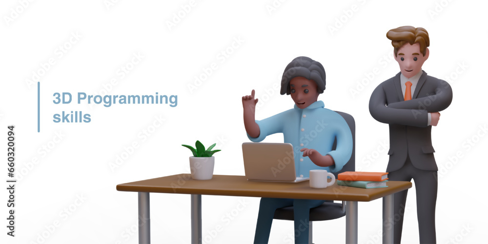 Aufkleber 3d programming skills concept. professional american man sitting at tale and programming. director s