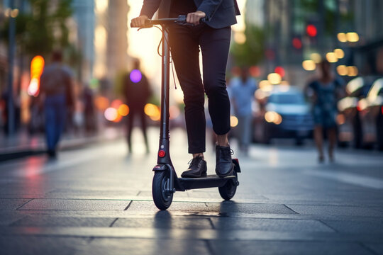 Low section of businesswoman riding electric push scooter on street in city,