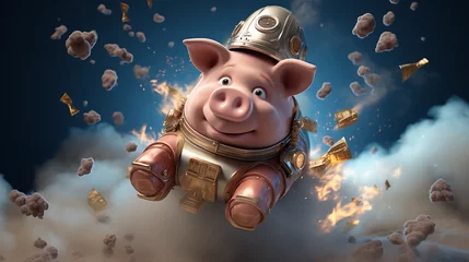 Fotobehang Piggy Bank Flying via Rocket Thrusters © L
