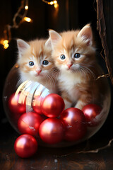 Fototapeta na wymiar Cute fluffy kittens in winter caps, against the background of a Christmas fir-tree. Christmas style cat