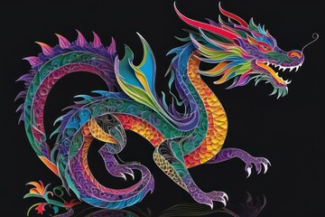 Fototapeta premium Traditional Chinese dragon paper cut on a black background. Symbol of the year 2024 digital art. Generative AI