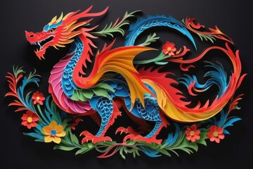 Fototapeta na wymiar Traditional Chinese dragon paper cut on black background. Symbol of the year 2024 digital art. Generative AI