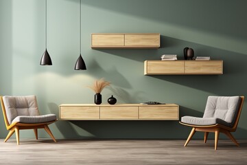 3D image of a modern living room with wooden cabinets and shelves on a wooden floor with furniture.