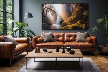 3D images of elegant and modern living room with wall art scenes and window lighting.