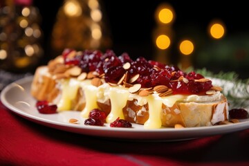 fresh baguette slice with brie and cranberry topping