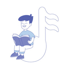 Cute Boy at Music Lesson Singing with Open Book Sitting on Note Vector Illustration