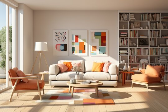 3D photo of a modern sofa in the interior of a room with light from a window