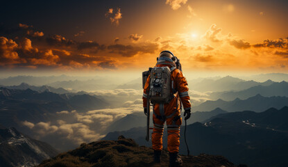 An astronaut standing on top of a majestic mountain peak. An astronaut standing on top of a mountain