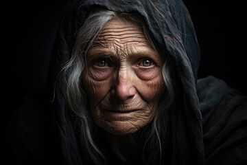 Portrait of sad desperate elderly woman. Mourning widow in black clothing. Grief, anxiety, war, religion concept