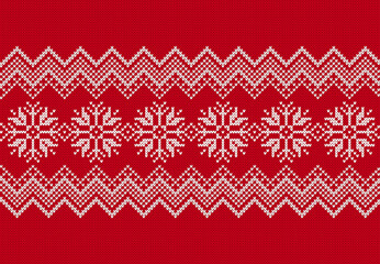 Christmas fair isle traditional print. Red knitted holiday texture. Sweater knit seamless pattern. Ornament with snowflakes. Xmas festive background. Vector illustration.