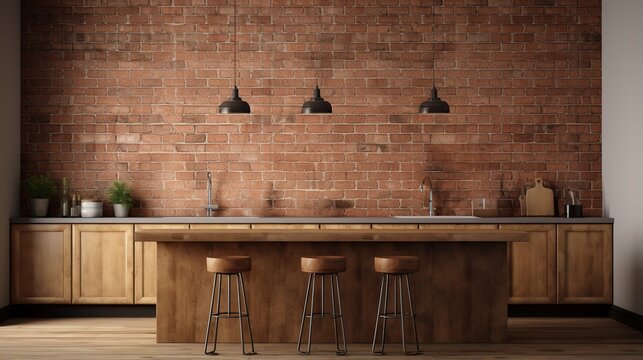 Modern wooden kitchen interior with brick walls