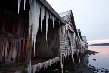 icicles hanging from the roof of a beach shack