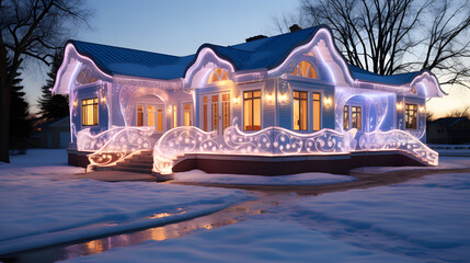 Christmas Lights festive house, winter decoration, holiday season greeting card - obrazy, fototapety, plakaty