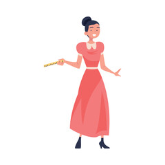 Young Woman Teacher Character Standing with Ruler and Teaching Vector Illustration