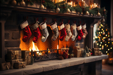 Christmas socks with gifts on fireplace in living room
