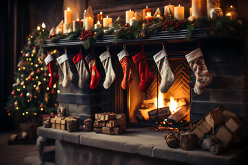 Christmas socks with gifts on fireplace in living room
