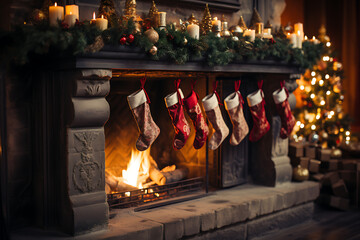 Fototapeta na wymiar Christmas socks with gifts on fireplace in living room 