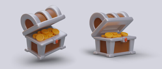 3d realistic gold chest in different positions. Open treasure chest filled with gold coins. Pirate computer game concept. Vector illustration in 3d style