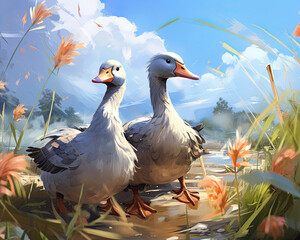 Graceful Geese: Vibrant Watercolors