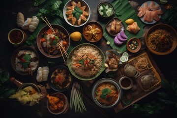 assorted thai food in flat laying, generative ai