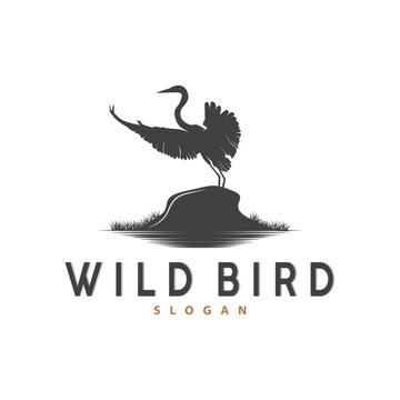 Stork Bird Logo, Heron, Grass, And River Design, Vector Simple Template illustration