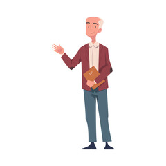 Senior Man Teacher Character Standing with Book and Waving Hand Greeting Vector Illustration