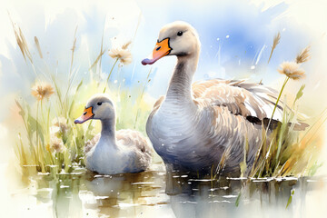 Graceful Geese: Vibrant Watercolors