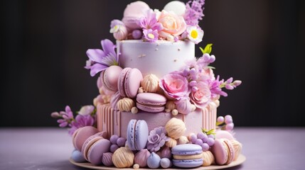 Obraz na płótnie Canvas Birthday sweet cake with macaron and floral decor on a black background. Beautiful pink cake. AI