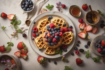 top view breakfast plate with waffles and fruits, generative ai