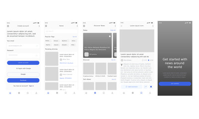 Media News & Press Blogs Blue Mobile App UI Kit Template with Articles Feed and Magazine