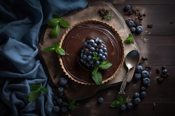 Top view of dark chocolate mousse tart decorated with fresh blueberries and the mint, background with copy space for a greeting text, generative ai - obrazy, fototapety, plakaty