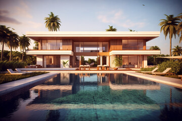 Fototapeta na wymiar Luxury pool villa spectacular contemporary design digital art real estate home house and property