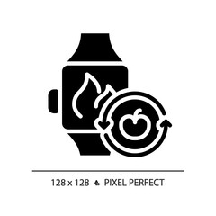 2D pixel perfect glyph style smartwatch with fruit icon, isolated silhouette vector, simple illustration representing metabolic health.