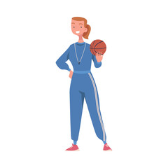 Young Woman Teacher Character in Sportswear Standing with Whistle and Ball Teaching Sport Education Vector Illustration