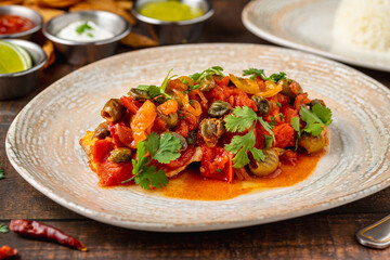 Mexican food huachinango a la veracruzana with sauces on wooden table